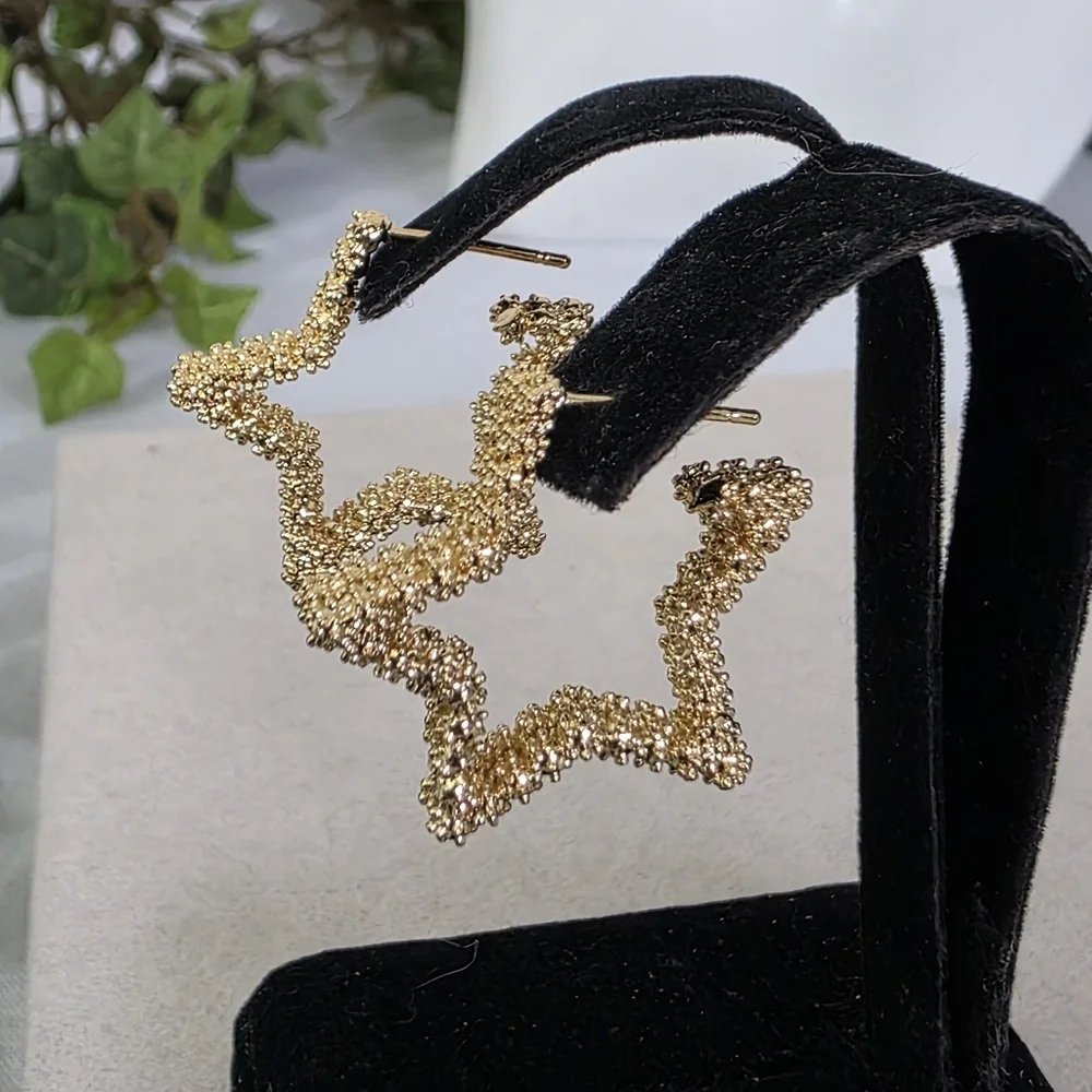 Gold Filled Textured Star Hoop Earrings - Picture 3 of 7